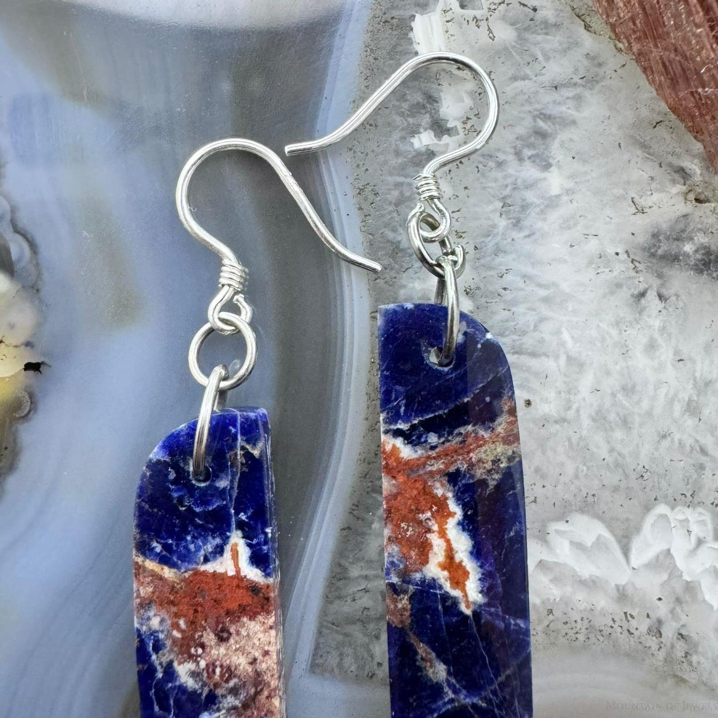 Sterling Silver Elongated Tilde Shape Blue Sodalite Slab Dangle Earrings For Women #230