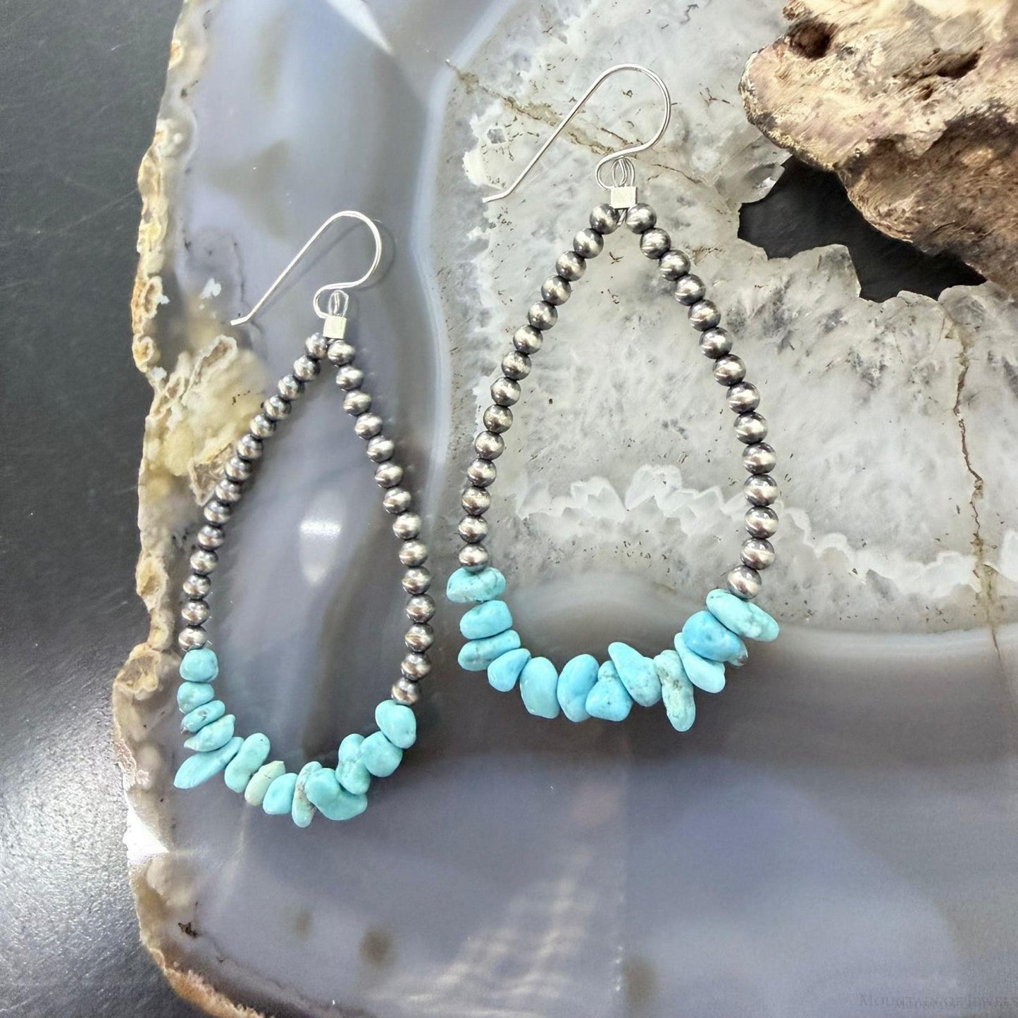 Sterling Silver Navajo Pearl Bead & Chunky Turquoise Dangle Hoop Earrings For Women