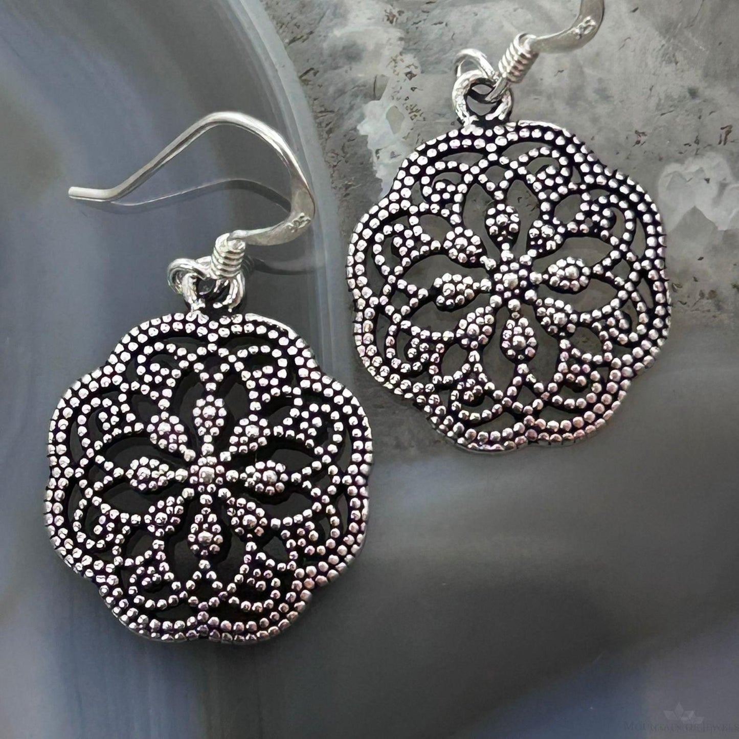 Sterling Silver Lattice Floral Design Dangle Earrings For Women