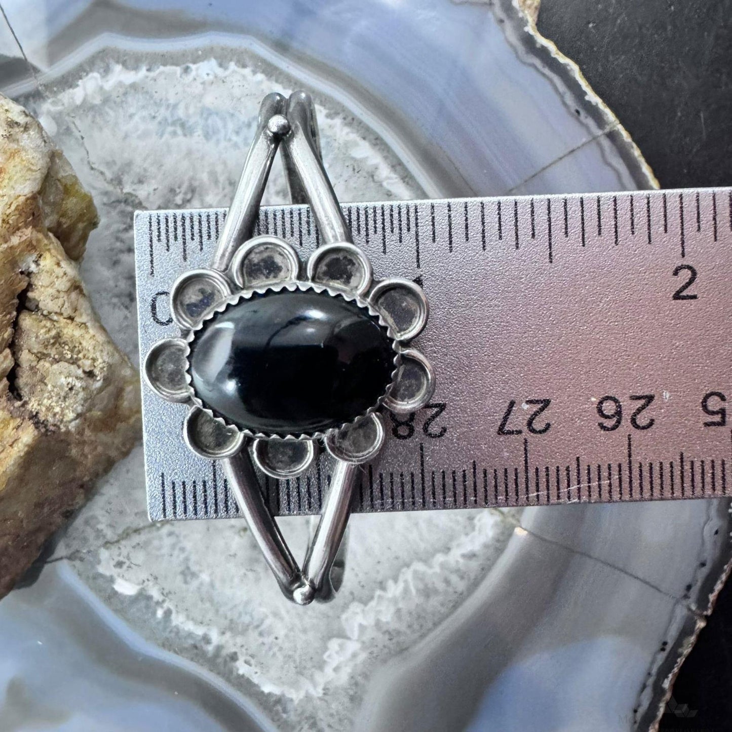Vintage Signed Native American Sterling Silver Oval Onyx Decorated Bracelet For Women