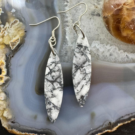 Sterling Silver Elongated Marquise Net Jasper Slab Dangle Earrings For Women #231