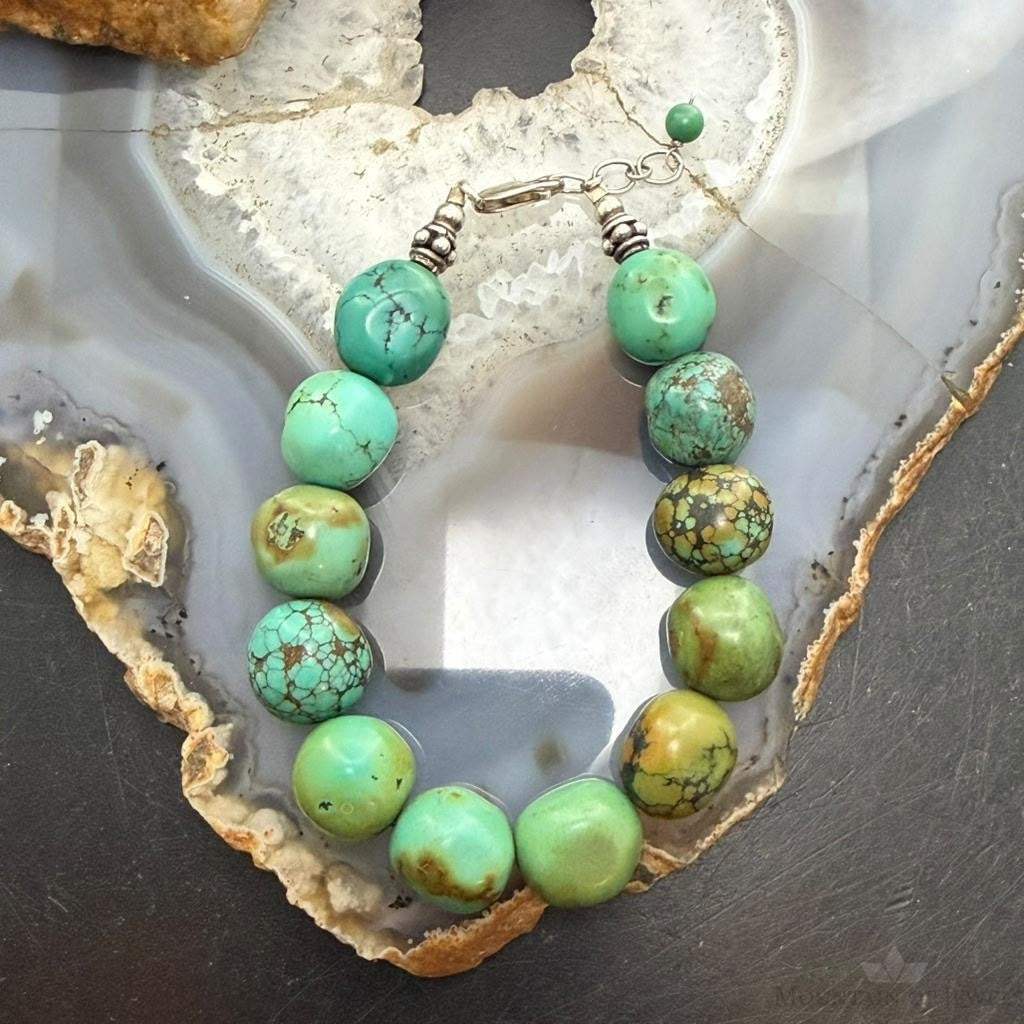 Vintage Sterling Silver 12 Large Turquoise Beads 6.75" Bracelet For Women