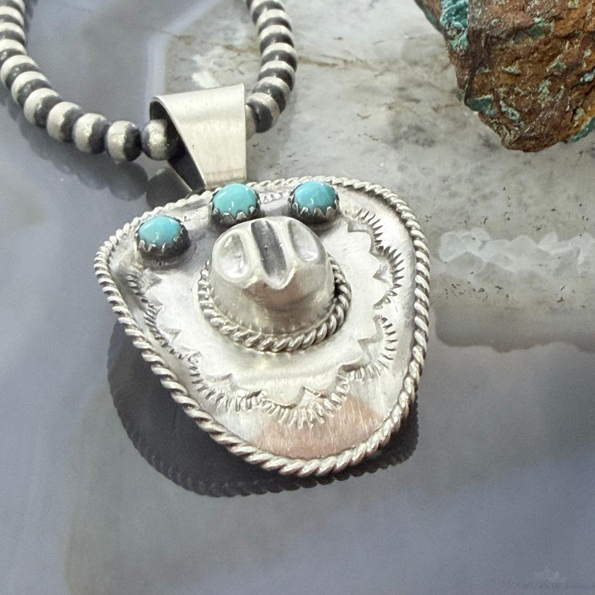 Running Bear Native American Sterling Silver Turquoise Cowboy Hat Unisex Pendant