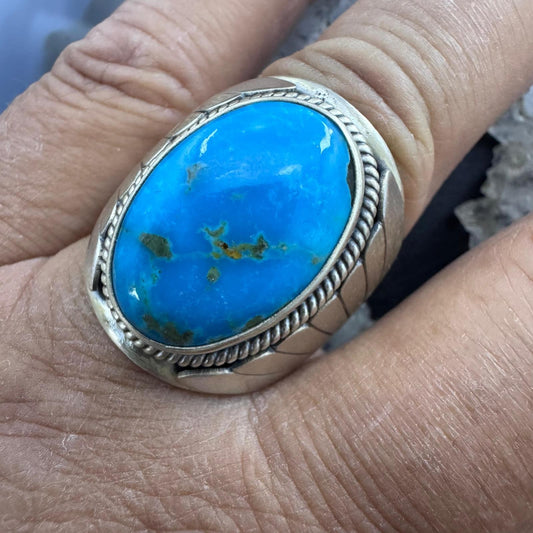 Native American Sterling Silver Oval Blue Ridge Turquoise Shield Ring Size 11 For Men