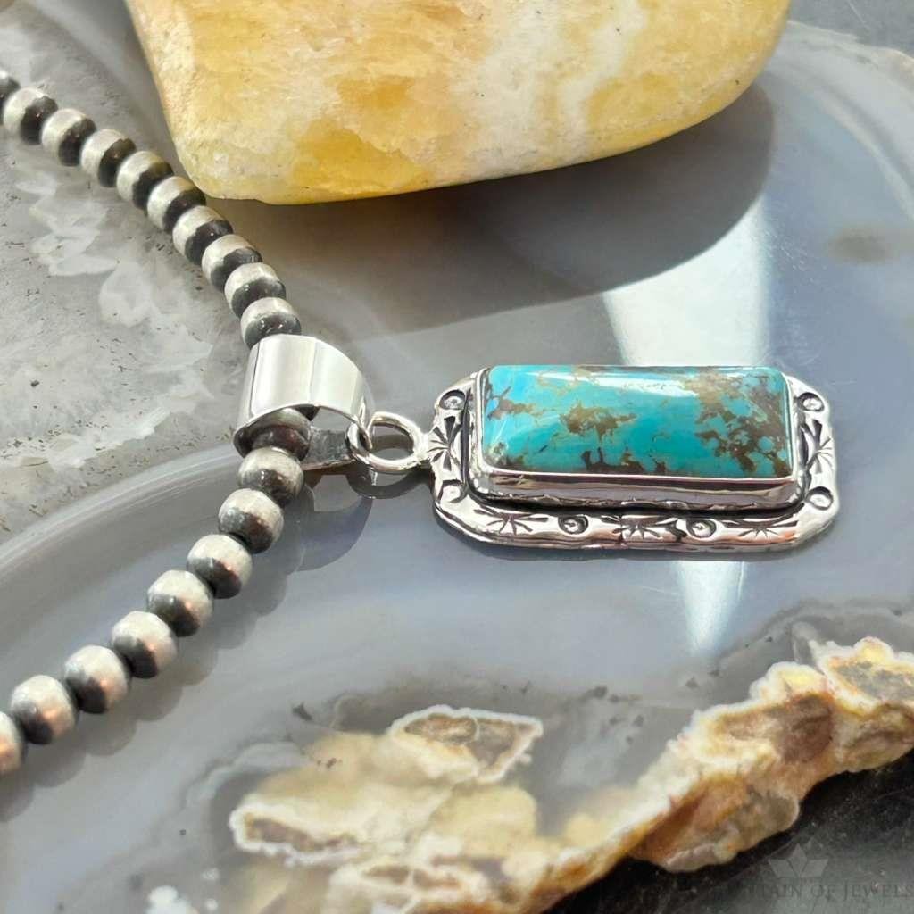 Native American Sterling Silver Rectangle Turquoise Decorated Pendant For Women