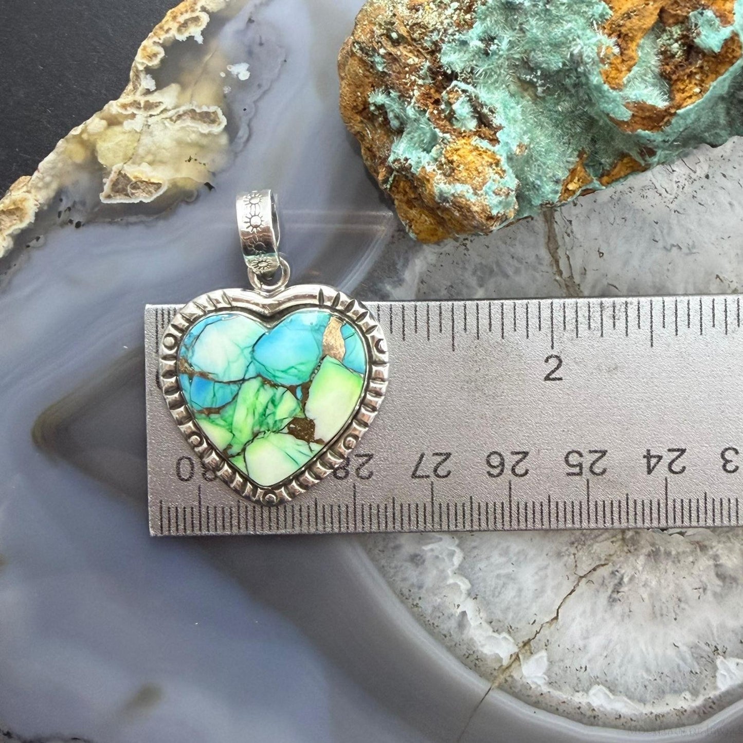 Sterling Silver Southwestern Style Mohave Green Turquoise Heart Pendant For Women