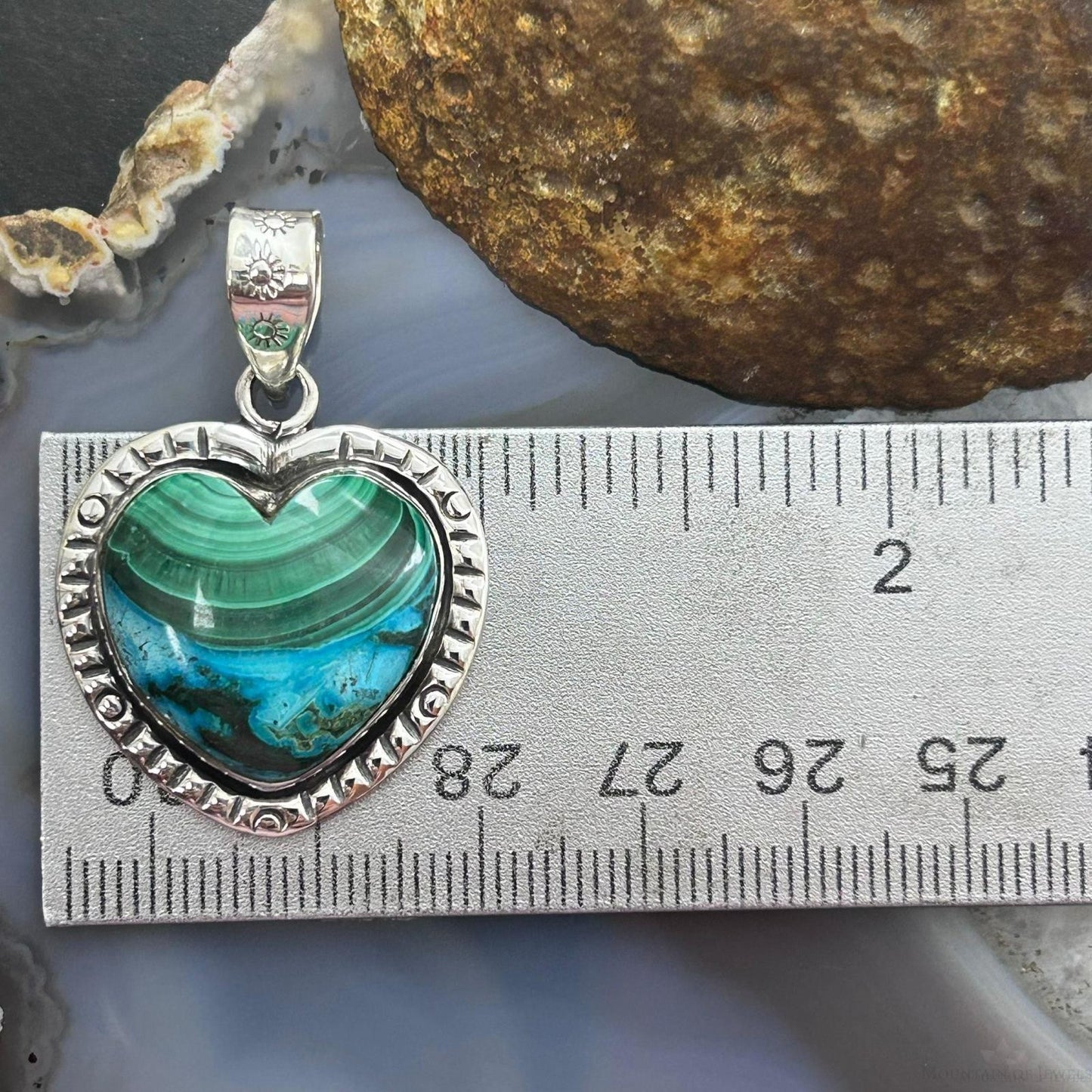 Sterling Silver Southwestern Style Azurite Malachite Heart Decorated Pendant For Women