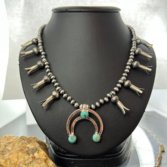 Sterling Silver Southwestern Style Turquoise Squash Blossom Necklace For Women