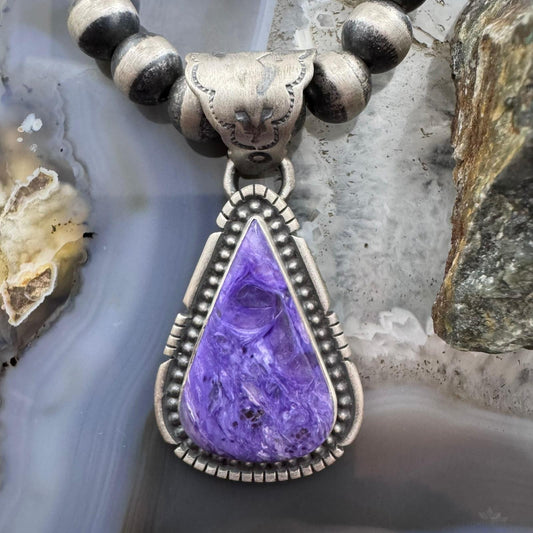 Native American Sterling Silver Triangle Charoite Decorated Pendant For Women