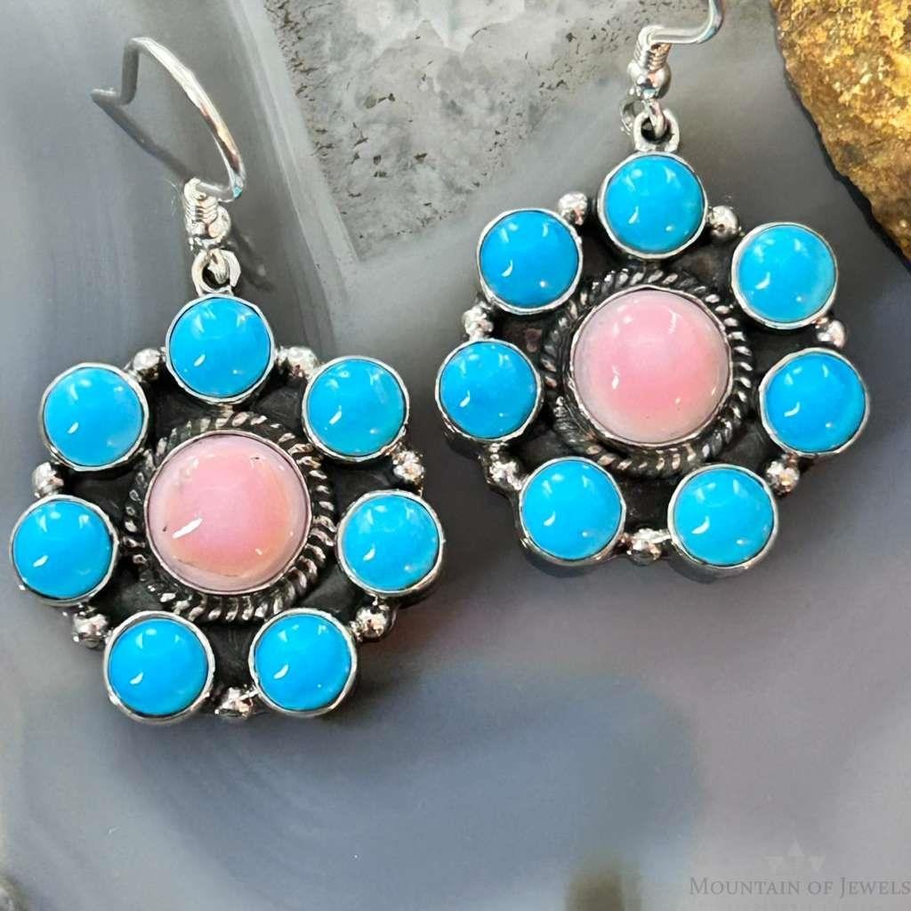 Native American Sterling Silver & Turquoise, Pink Conch Cluster Dangle Earrings For Women