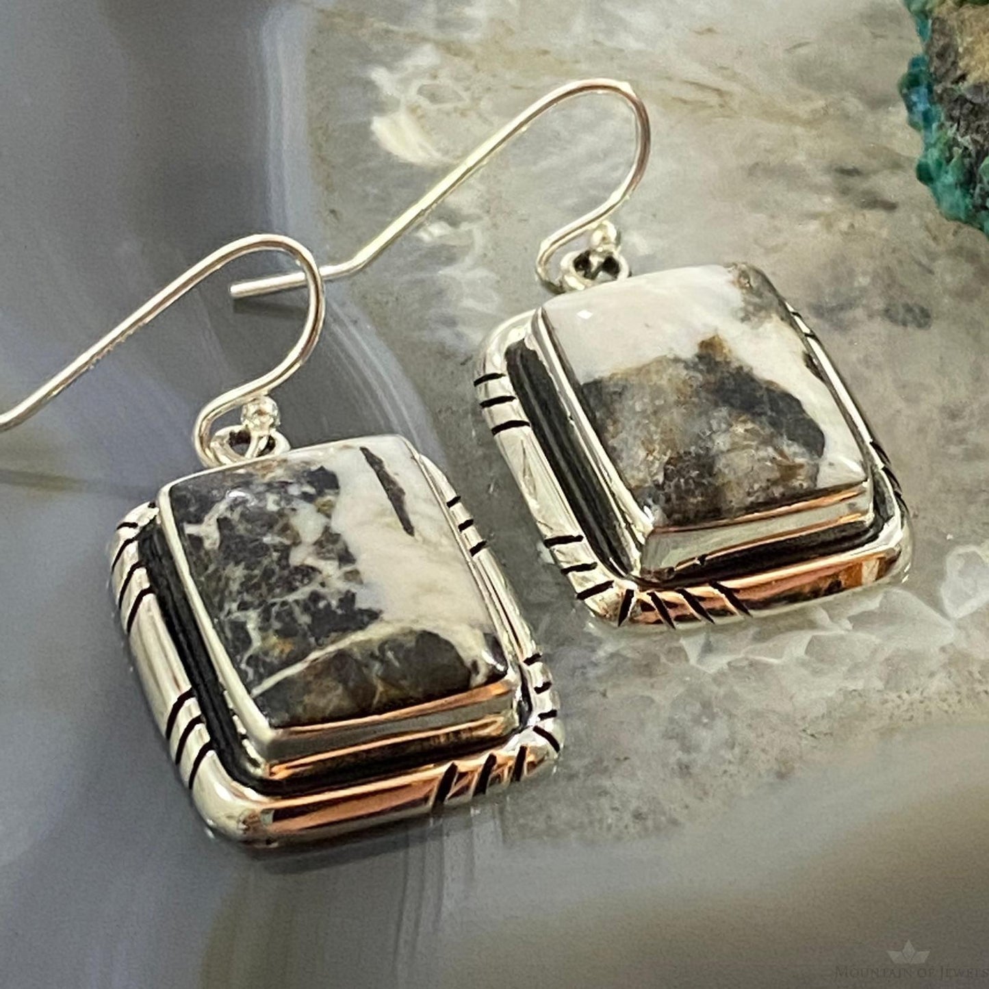 Reserved for Althea Frankel! Native American Sterling Silver Rectangle Bar White Buffalo Dangle Earrings