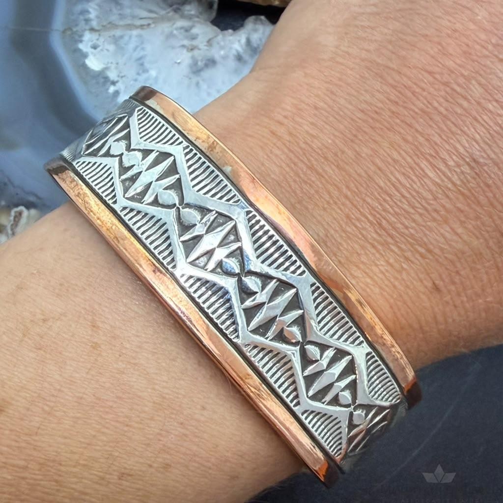 Wylie Secatero Navajo Sterling Silver & Copper Stamped Bracelet For Women #4