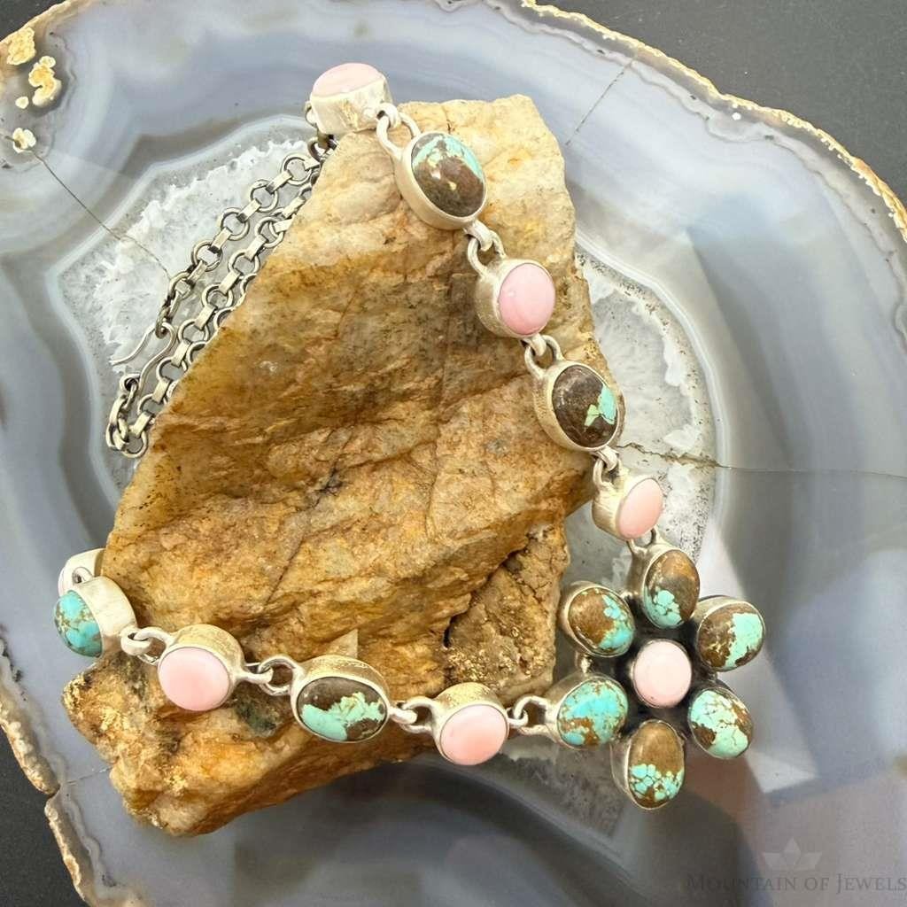 Sterling Silver Southwestern Style Turquoise &Pink Conch 20" Cluster Necklace For Women