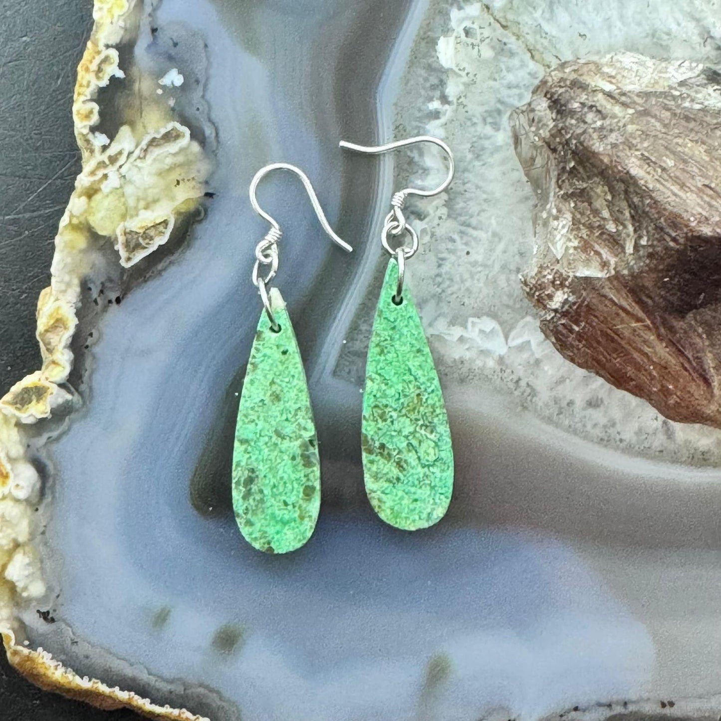 Sterling Silver Elongated Teardrop River Jasper Slab Dangle Earrings For Women #231