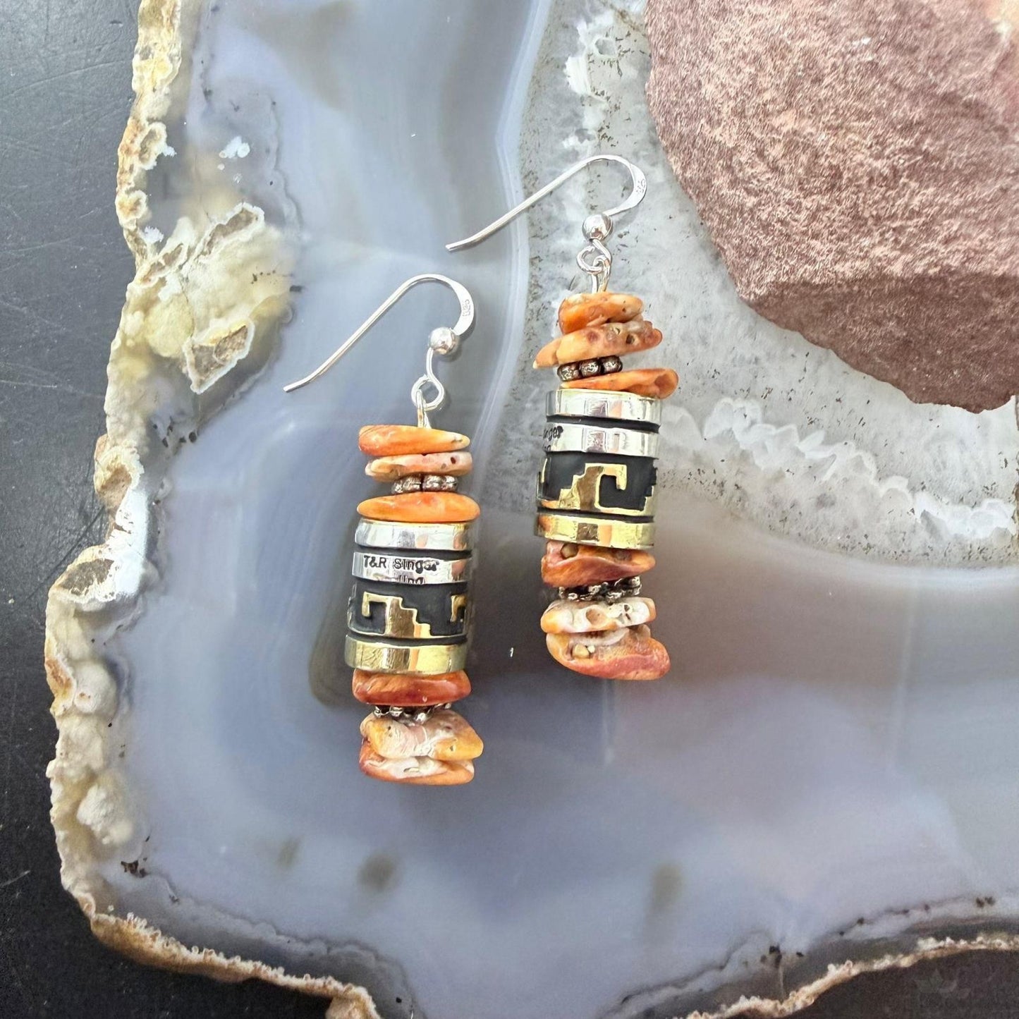 Tommy & Rosita Singer Sterling Silver Orange Spiny Oyster Beads Dangle Earrings For Women #1