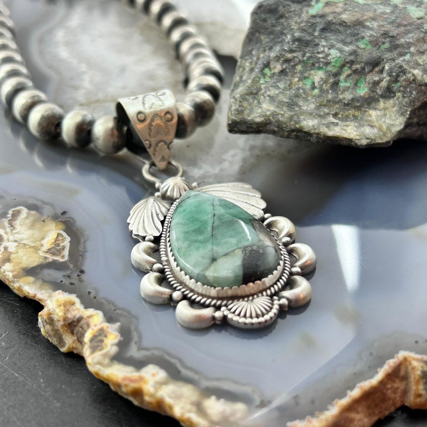 Sterling Silver Southwestern Style Teardrop Emerald Decorated Pendant For Women