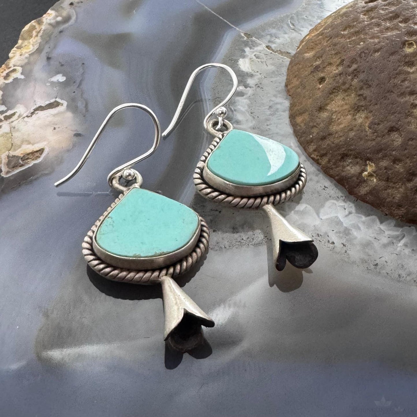 Sterling Silver Southwestern Style Turquoise Squash Blossom Dangle Earrings For Women
