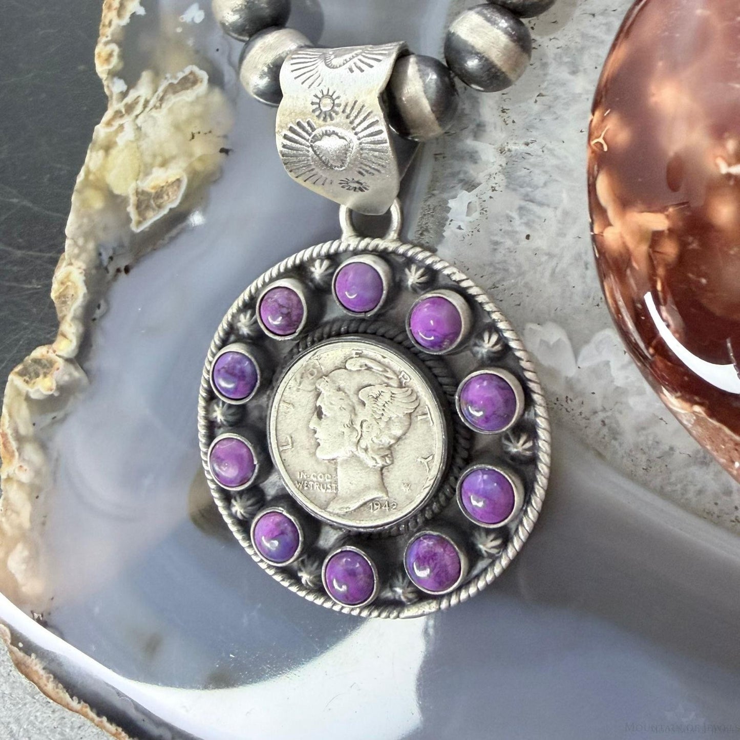 Genuine 1942 90% Silver Mercury Dime Coin w/Purple Dahlia Decorated Unisex Pendant