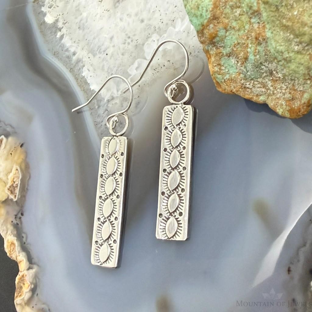 Michael Nez Native American Sterling Silver Rectangle Dangle Earrings For Women