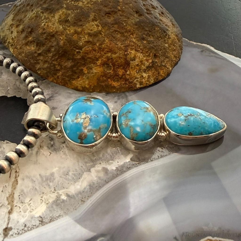 Sterling Silver Southwestern Style 3 Kingman Turquoise Pendant For Women #1