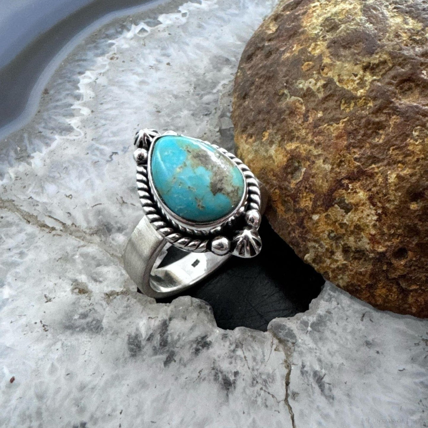 Sterling Silver Southwestern Style Teardrop Turquoise Adjustable Ring For Women