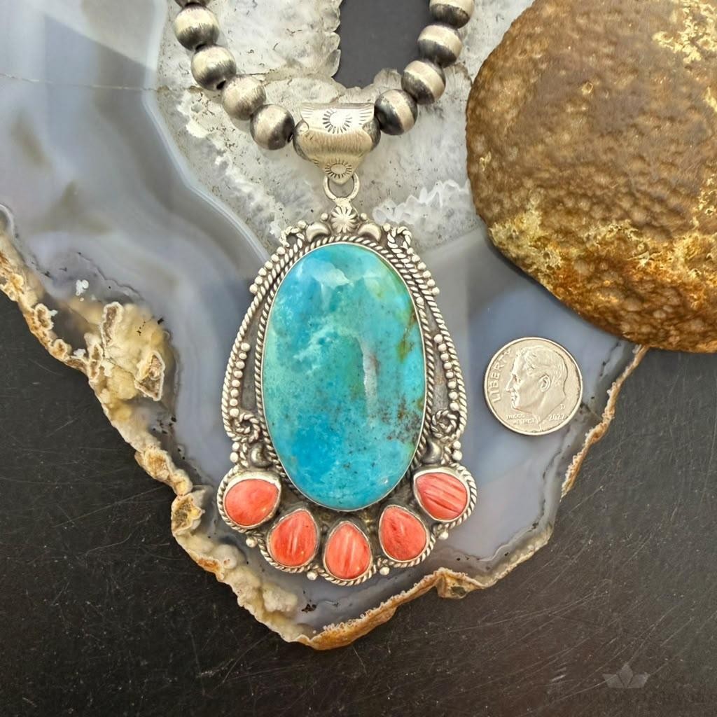 Sterling Silver Southwestern Style Oval Turquoise & Spiny Oyster Decorated Pendant