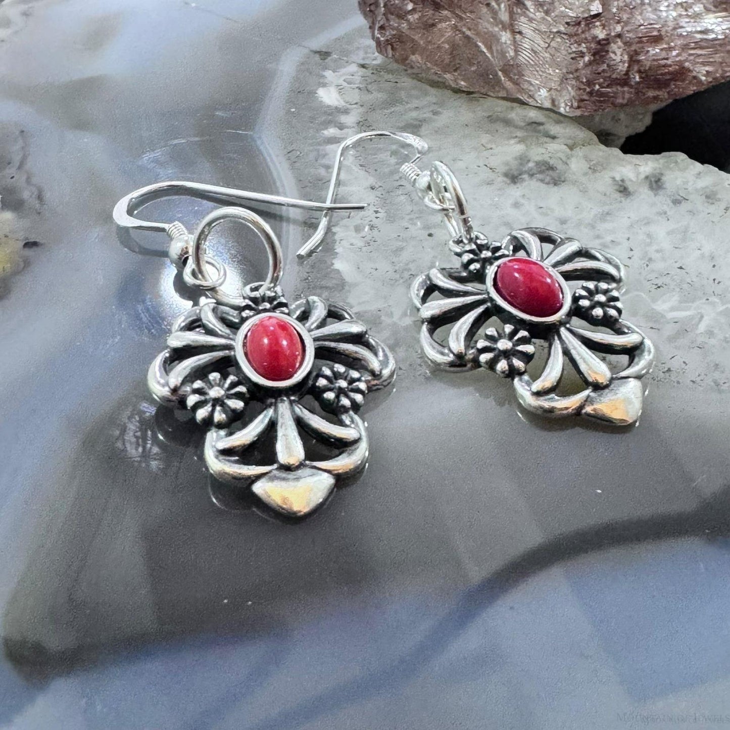 Carolyn Pollack Sterling Silver Red Jasper Floral Dangle Earrings For Women