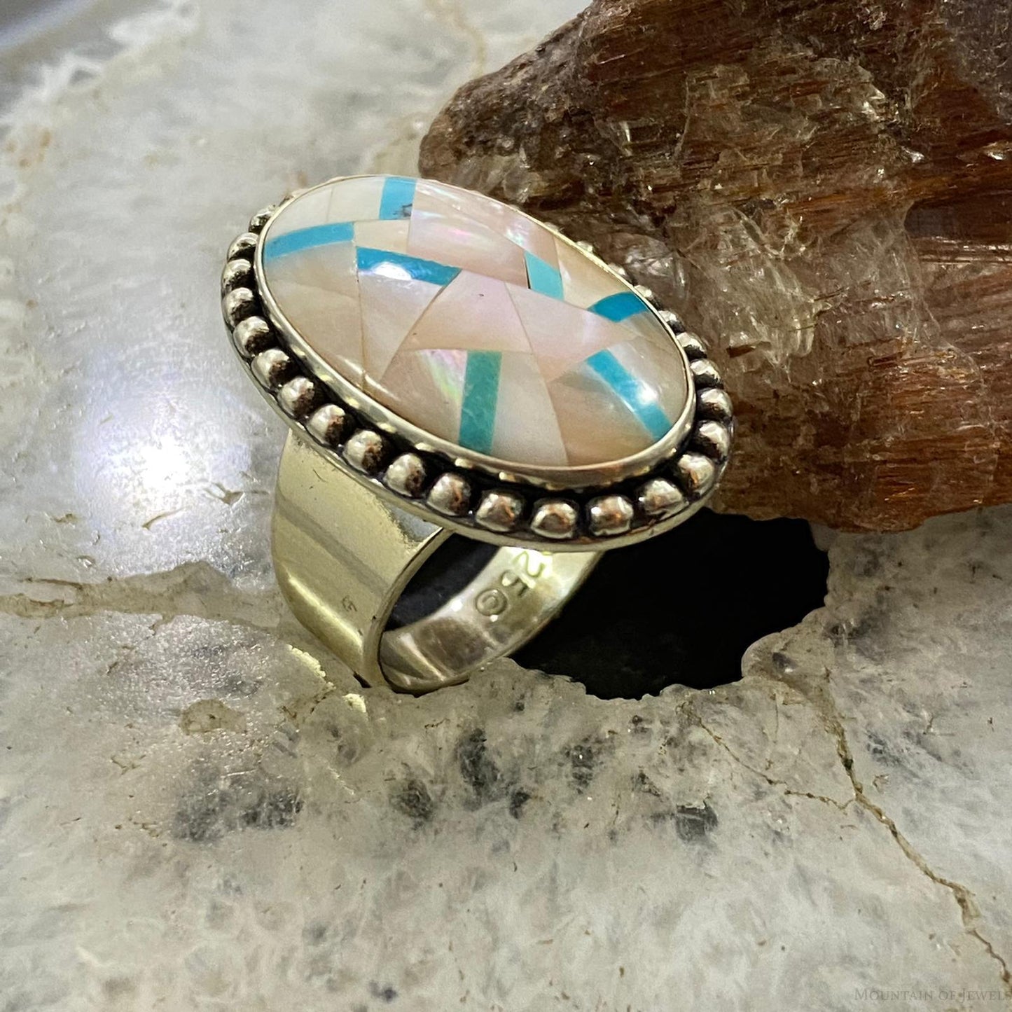 Carolyn Pollack Southwestern Style Sterling Oval MOP & Turquoise Inlay Ring For Women Sz Variety