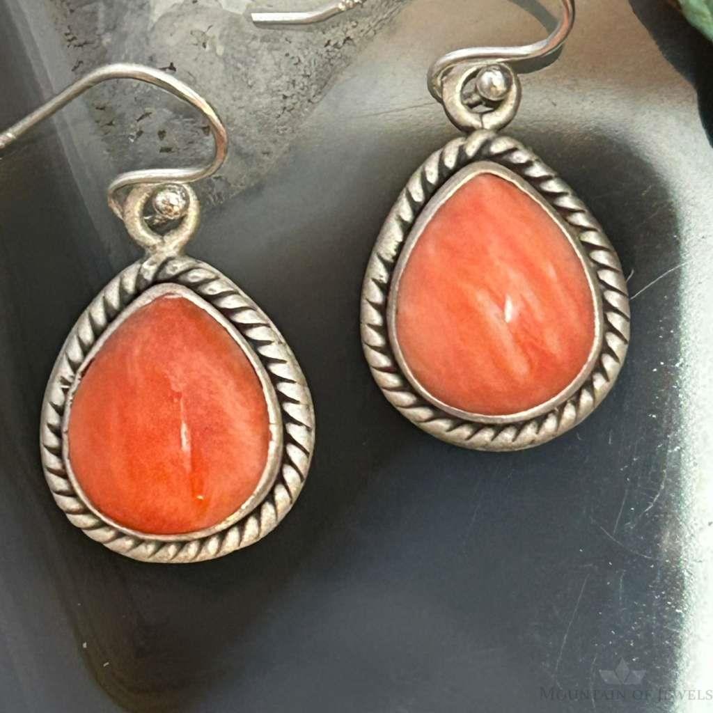 Sterling Silver Southwestern Style Teardrop Spiny Oyster Dangle Earrings For Women