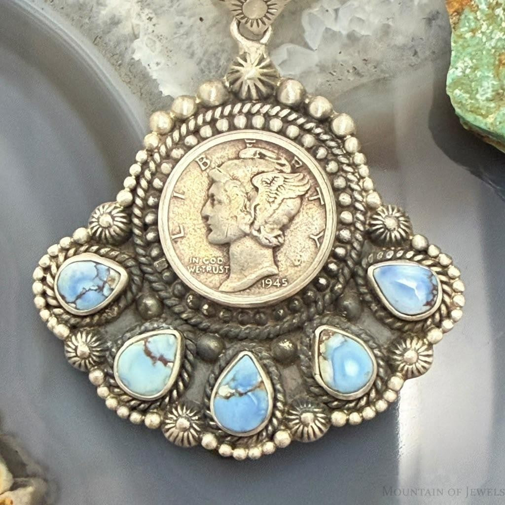 Sterling Silver Southwestern Style 1945 Mercury Dime & Golden Hill Turquoise Pendant