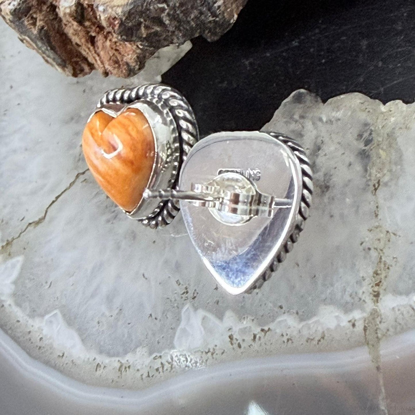 Native American Sterling Silver Orange Spiny Oyster Heart Post Earrings For Women