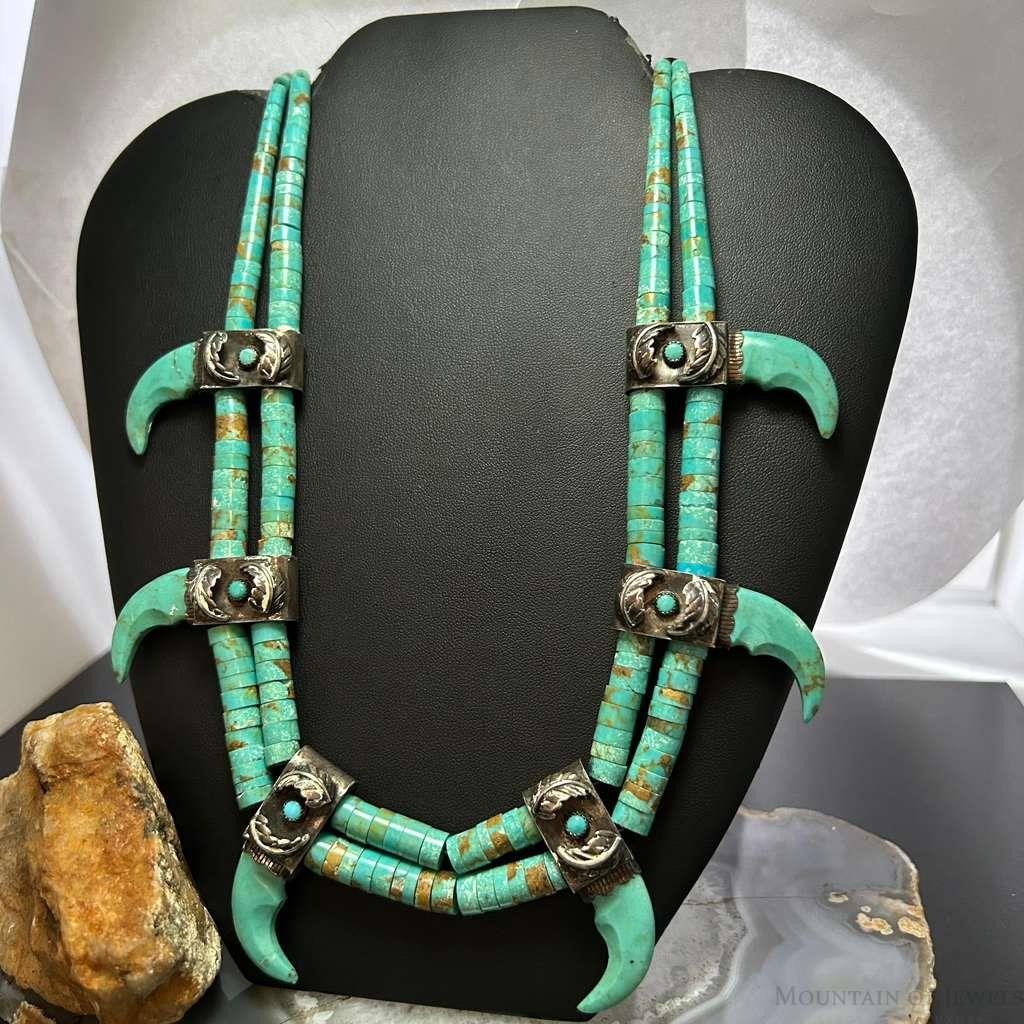 Vintage Native American Turquoise Disk Beads w/6 Carved Turquoise Claw Necklace For Women