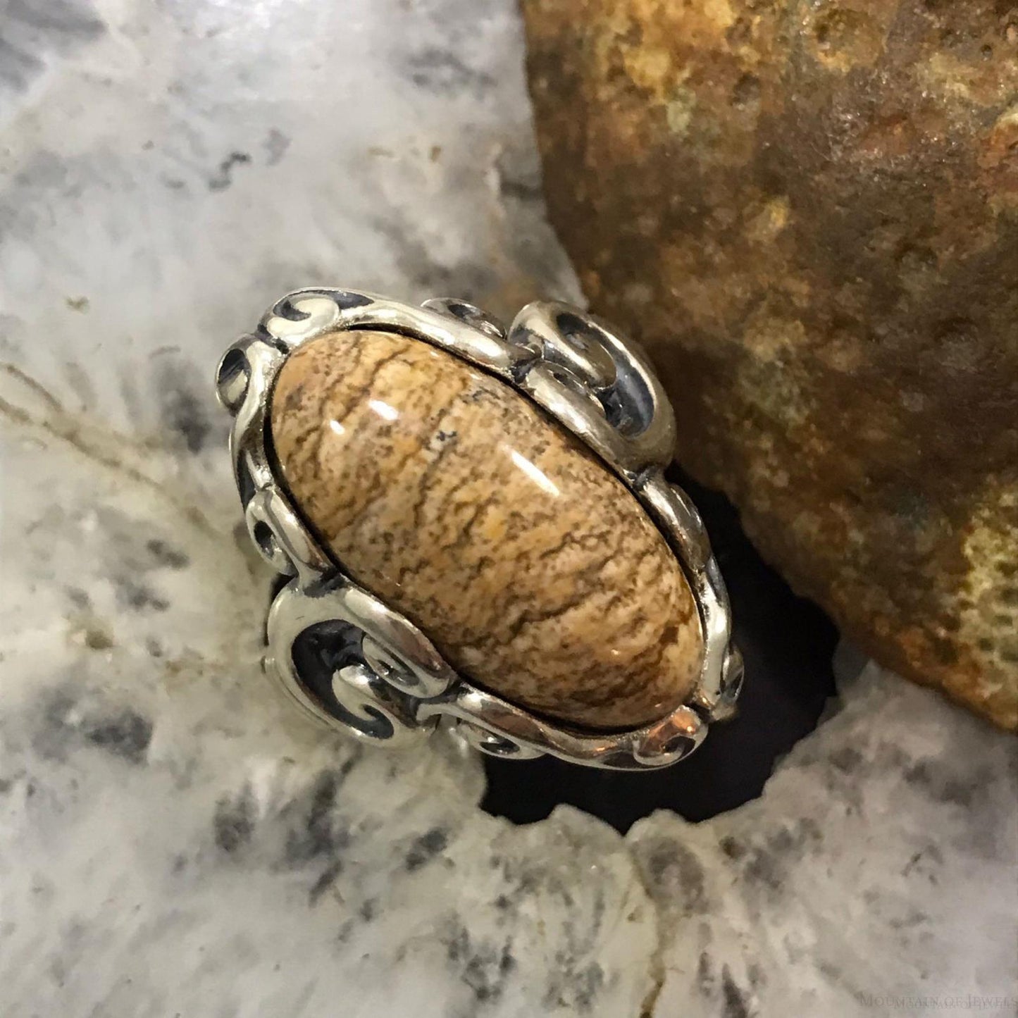 Carolyn Pollack Sterling  Silver Elongated Oval Picture Jasper Ring Size 8 For Women