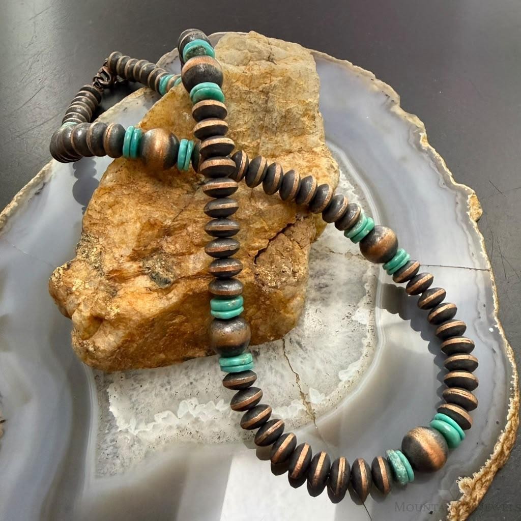 Southwestern Style Copper 8mm Navajo Pearl Saucer & Turquoise Disk Necklace For Women
