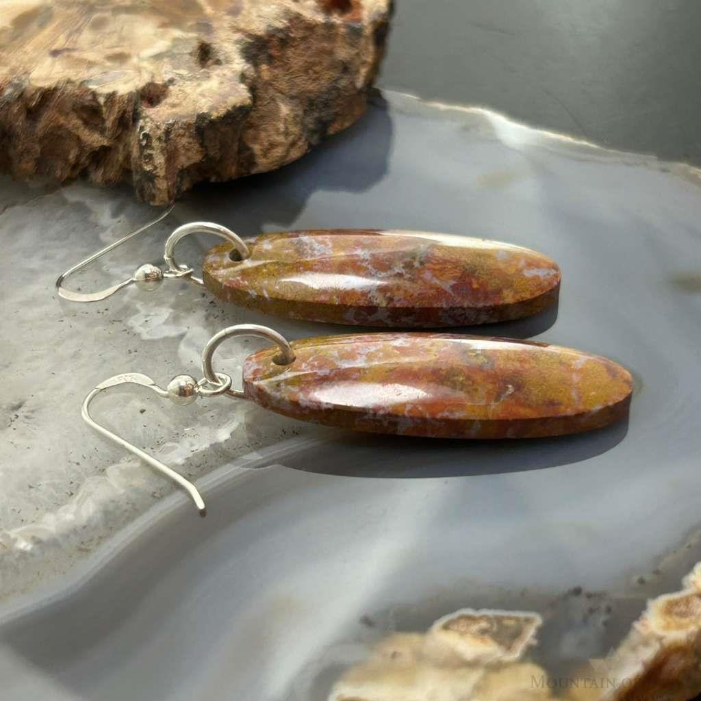 Sterling Silver Oval Plum Moss Agate Slab Dangle Earrings For Women #517