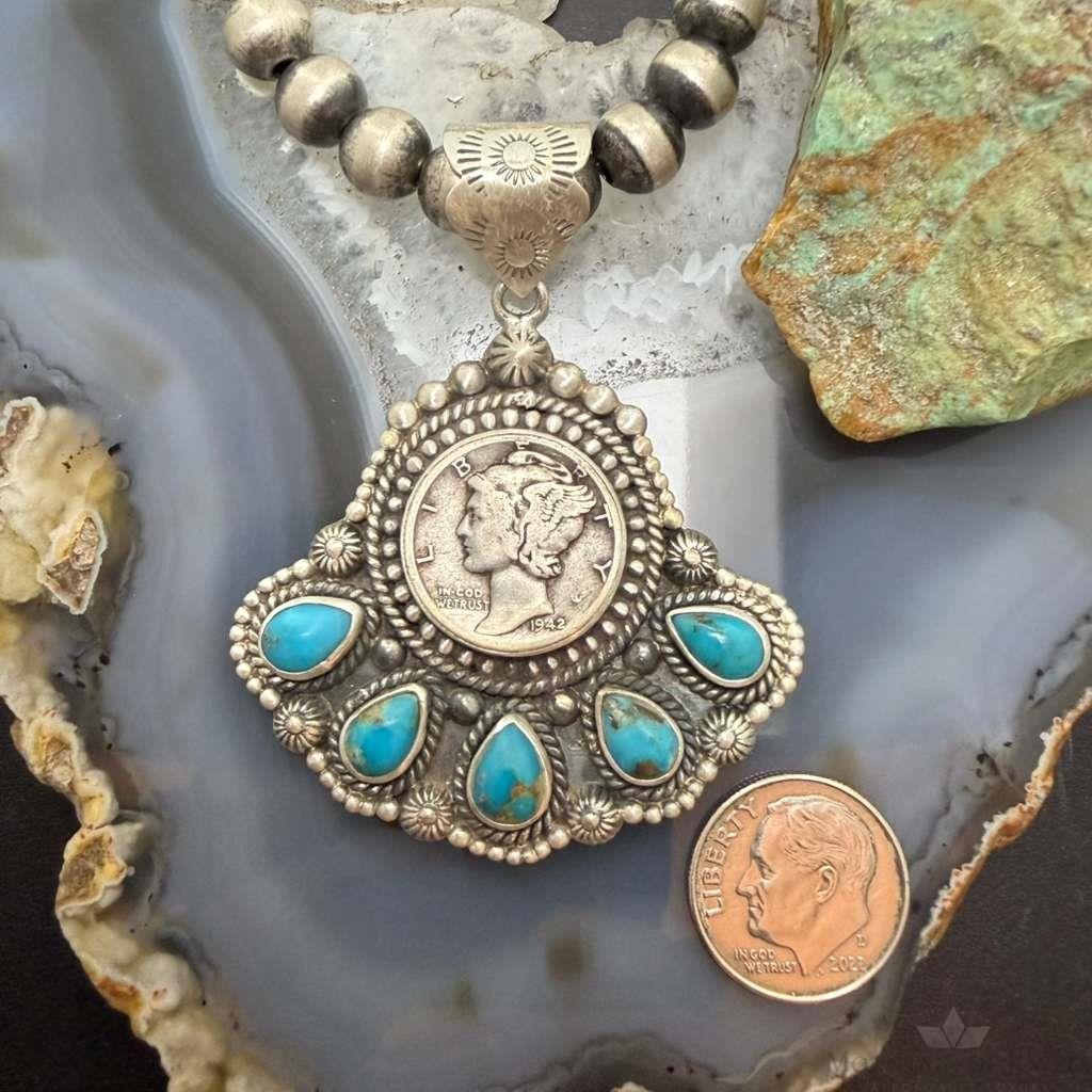 Sterling Silver Southwestern Style 1942 Mercury Dime & Kingman Turquoise Pendant