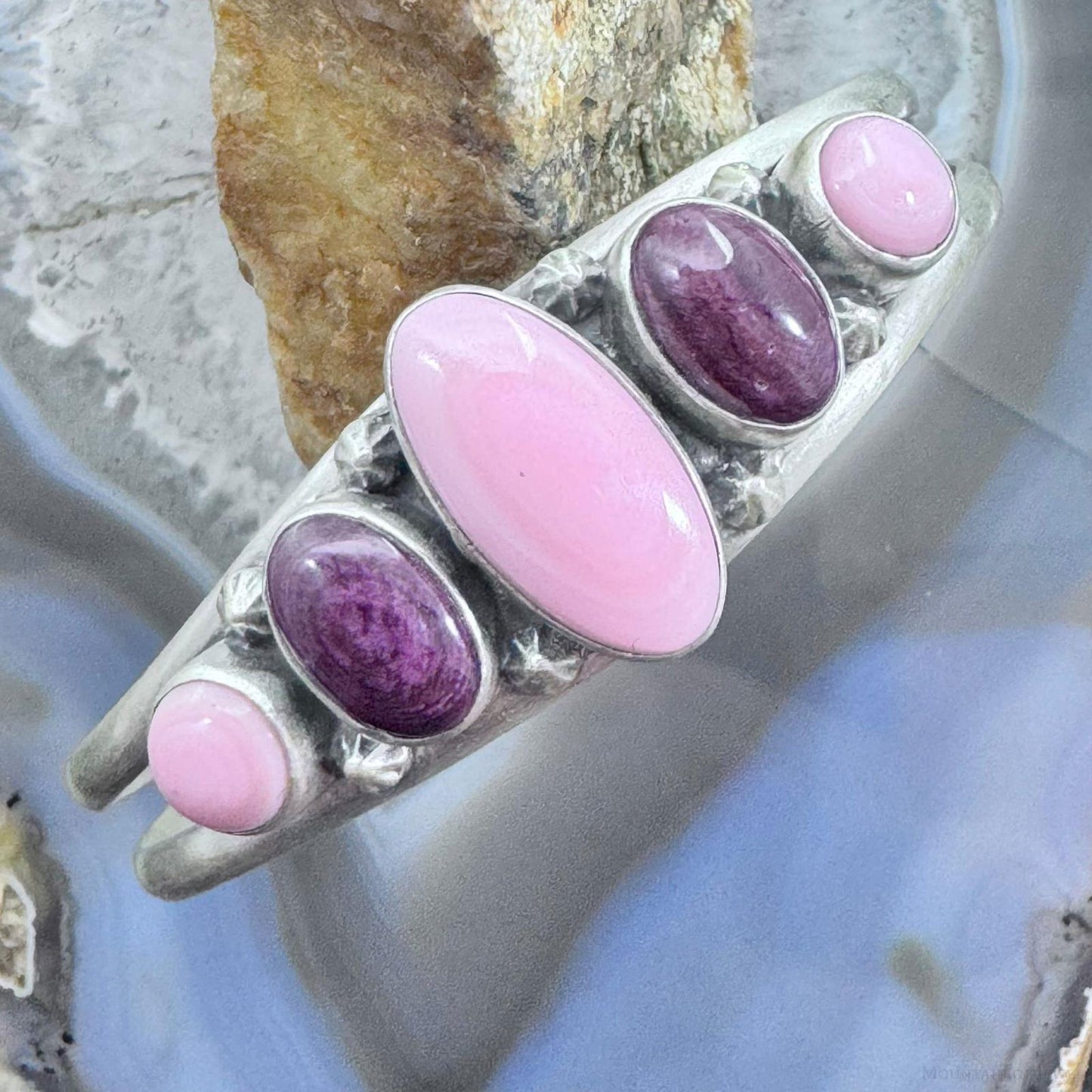 Native American Sterling Silver Pink Conch & Purple Spiny Oyster Bracelet For Women