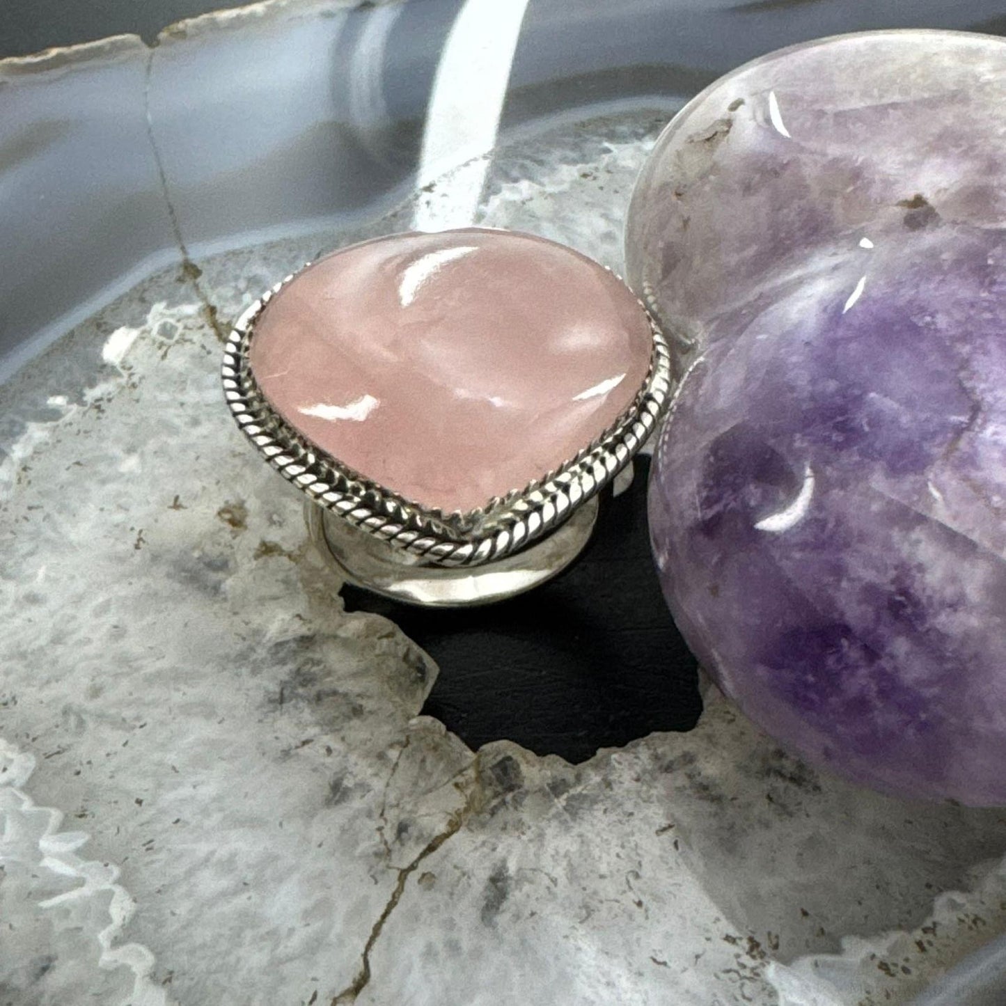 Sterling Silver Southwestern Style Pink Quartz Heart Ring For Women