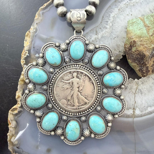 Genuine 1945 90% Silver Walking Liberty Half Dollar Coin w/Turquoise Unisex Pendant