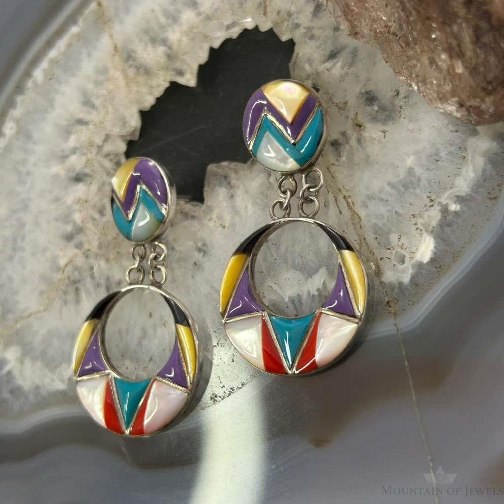 Sterling Silver Southwestern Style Multi Stone Inlay Dangle Earrings For Women