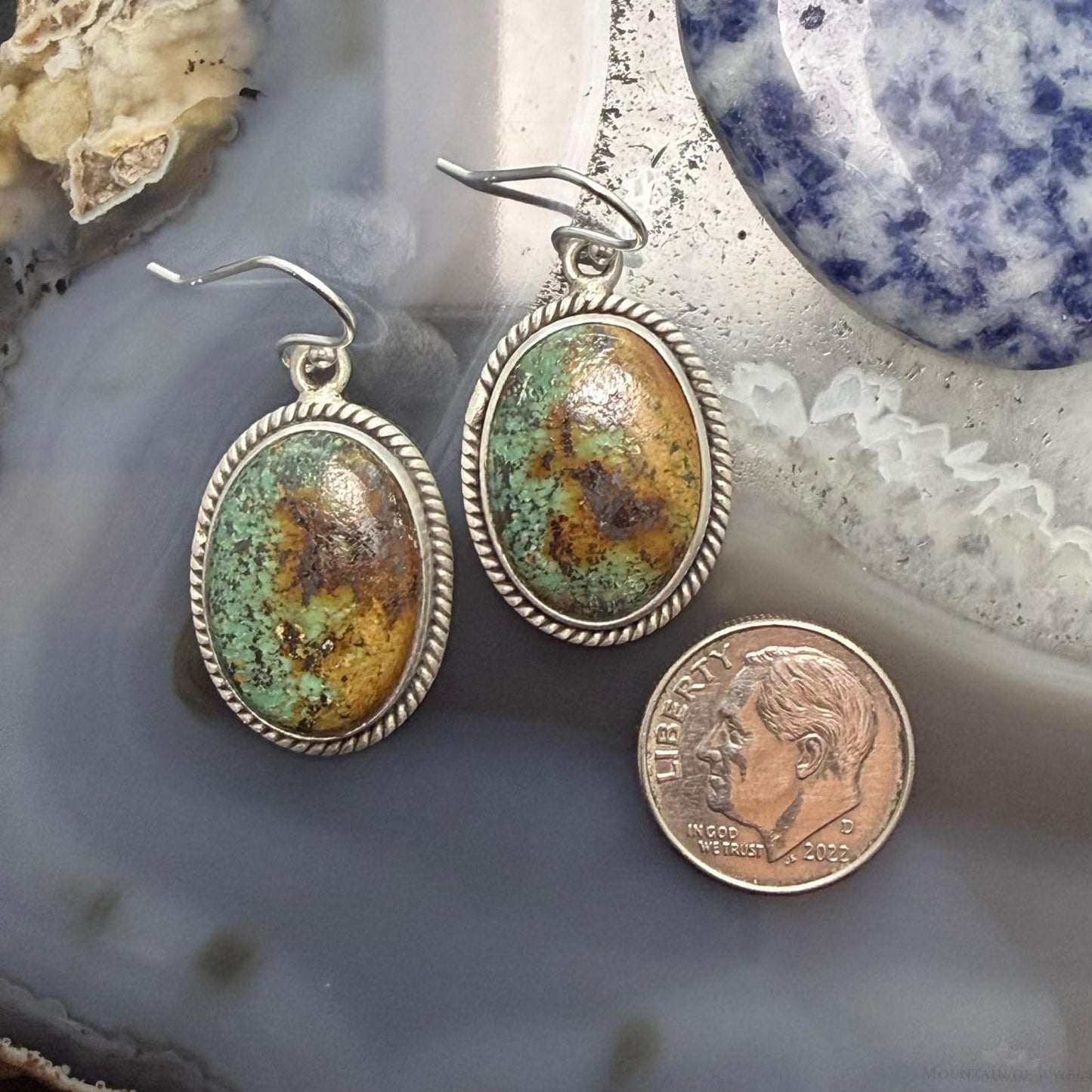 Sterling Silver Southwestern Style Oval Royston Turquoise Dangle Earrings For Women