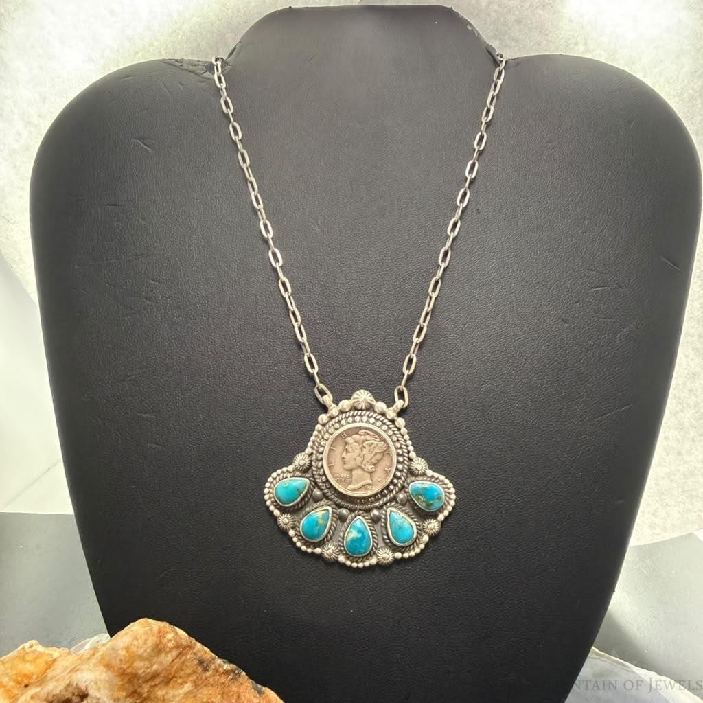Sterling Silver Southwestern Style 1944 Mercury Dime & Kingman Turquoise Necklace For Women