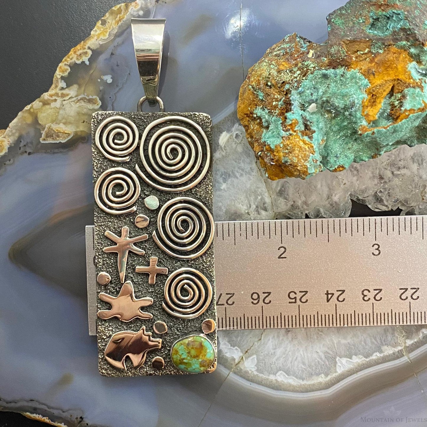 Alex Sanchez Sterling Silver Turquoise Rectangle Petroglyph Unisex Pendant