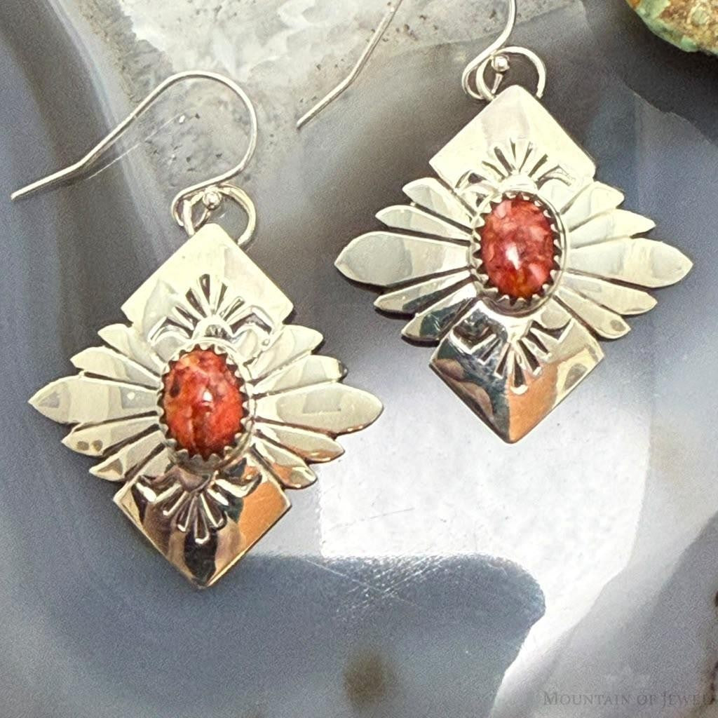Michael Nez Sterling Silver Spiny Oyster Pueblo Life Dangle Earrings For Women