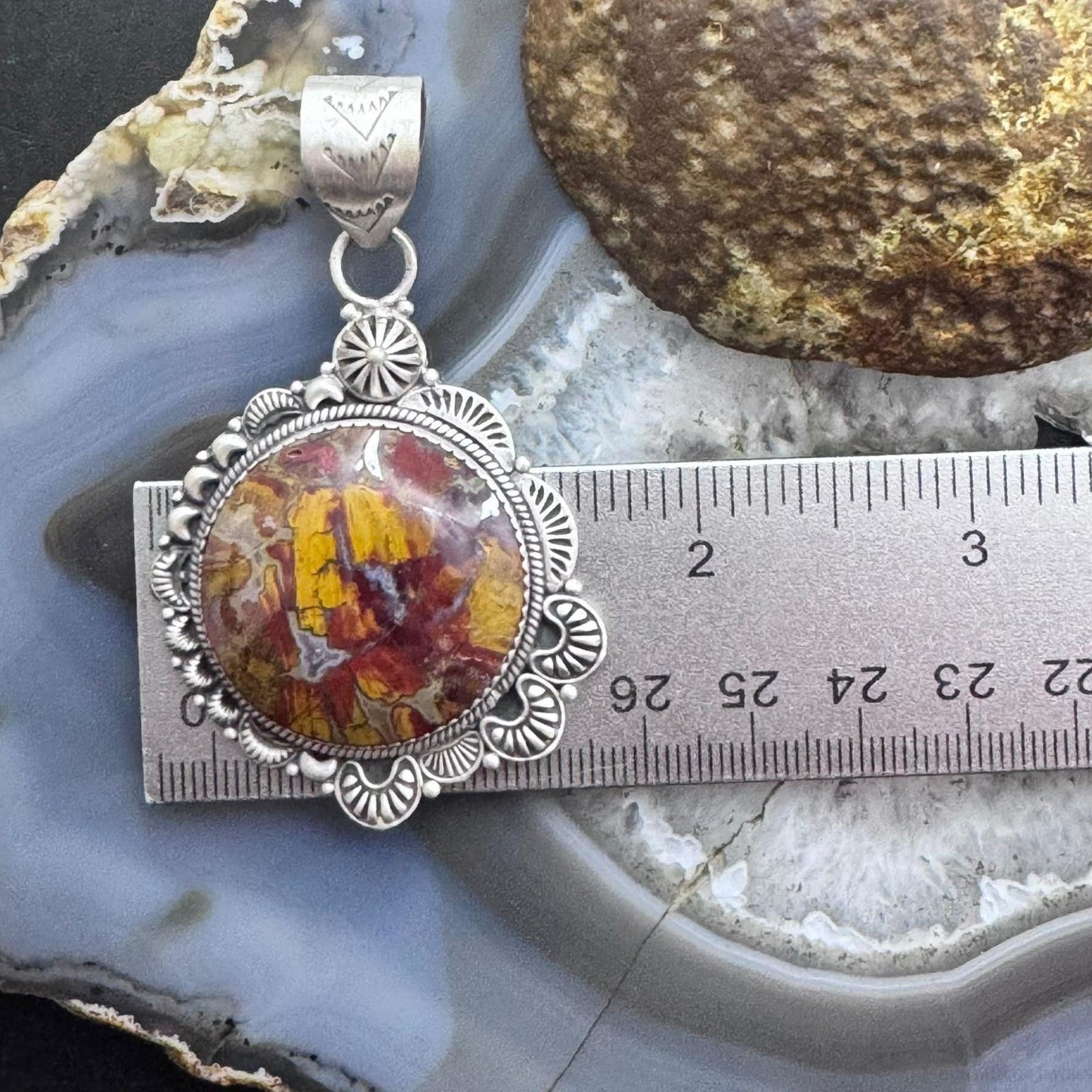 Sterling Silver Southwestern Style Round Red Moss Agate Decorated Pendant For Women