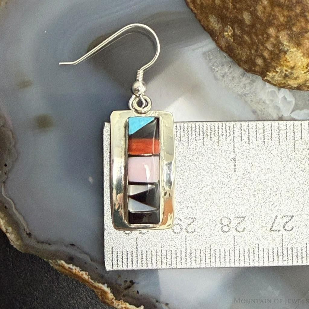 Sheryl Edaakie Zuni Sterling Silver Multistone Inlay Rectangle Dangle Earrings For Women #1