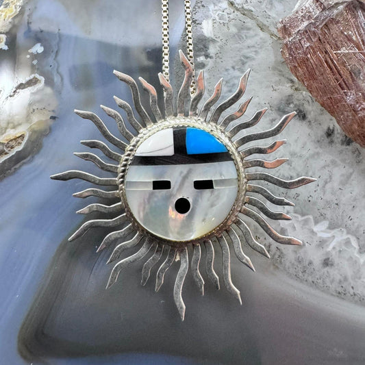 Vintage Signed Native American Sterling Silver Multistone Inlay Sunface Pendant/Brooch