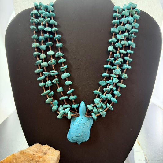 Vintage Native American 4 Starnds Turquoise & Brown Shell Beads w/Curved Turtle Necklace For Women