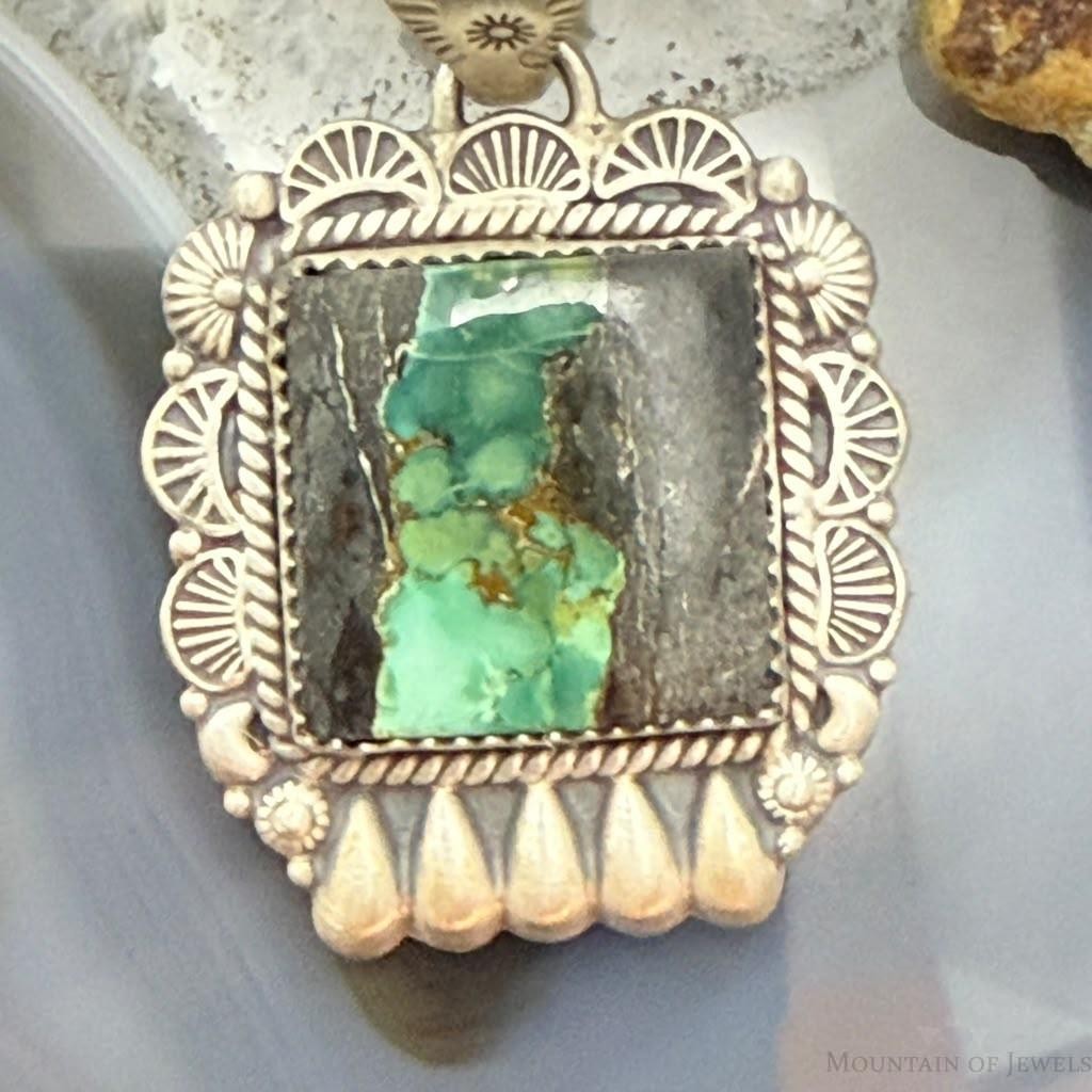 Sterling Silver Southwestern Style Rectangle Blackjack Turquoise Decorated Pendant #1