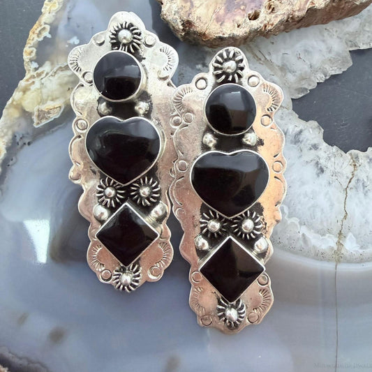 Vintage Sterling Silver 3 Onyx Decorated ClipOn Earrings For Women, Taxco Mexico